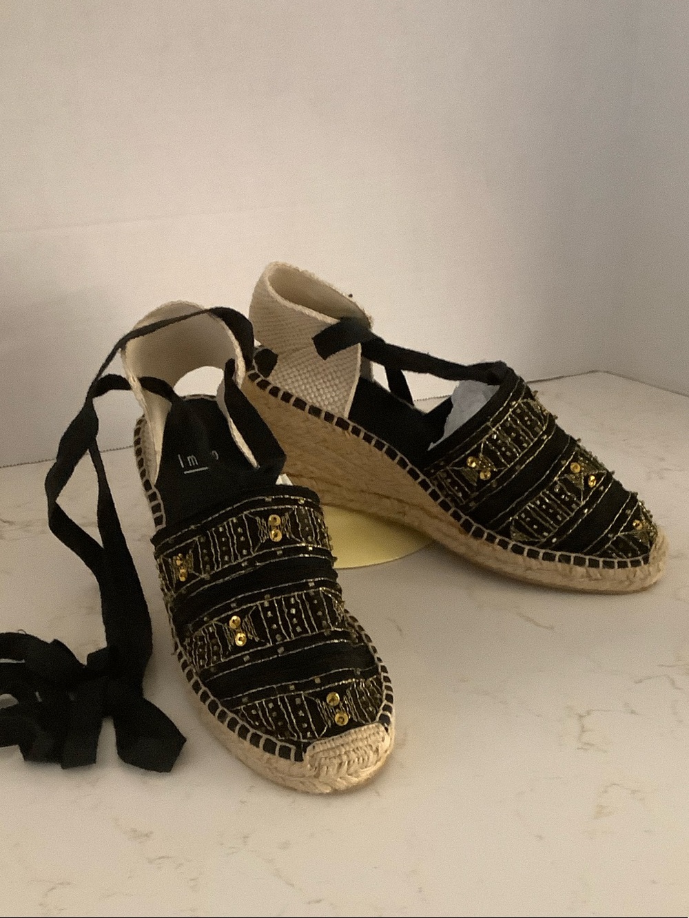 Impo Black Embellished Lace-Up Espadrille Wedges